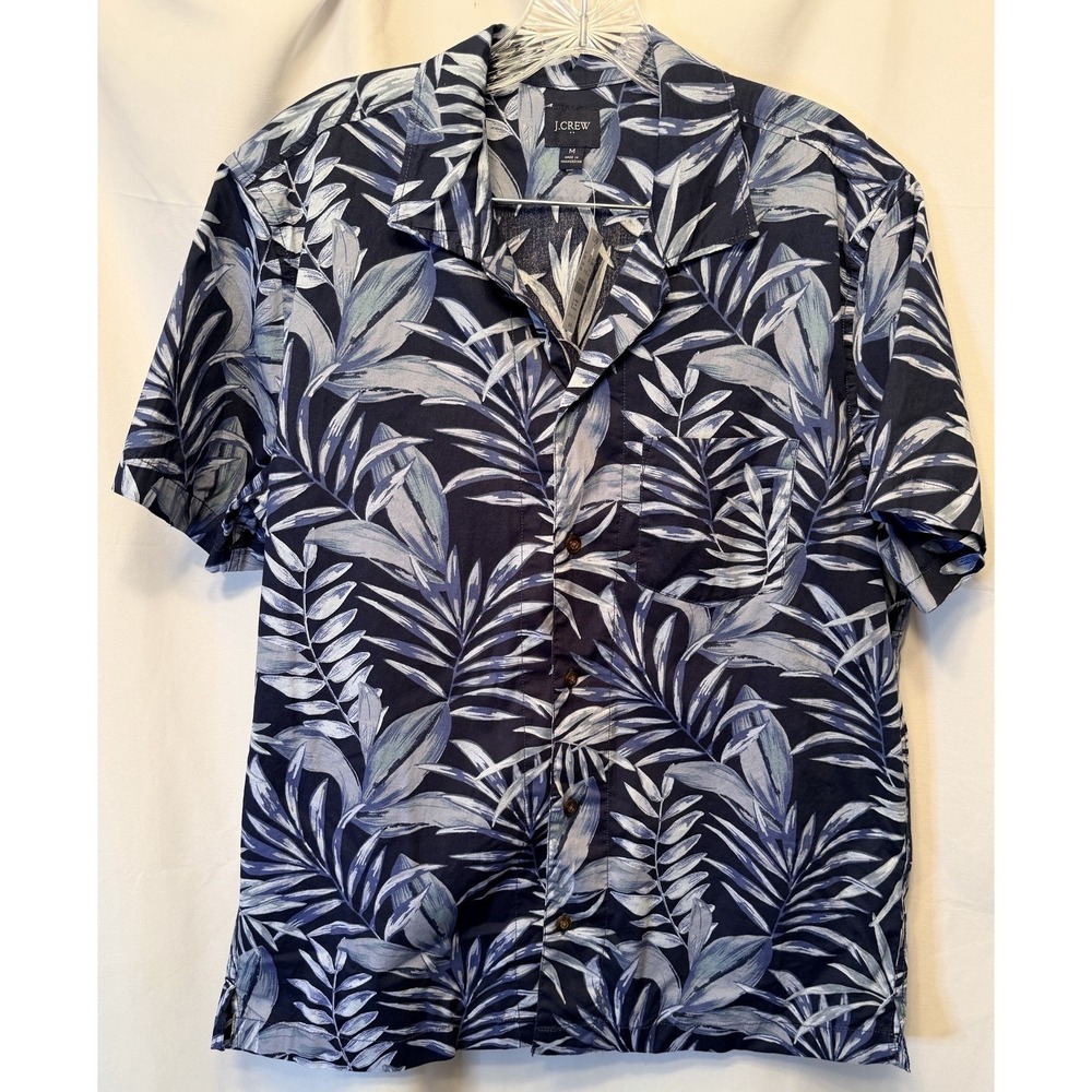 NWT J.Crew Men's Medium Short-Sleeve Printed Flex Camp Shirt Blue Floral Palm